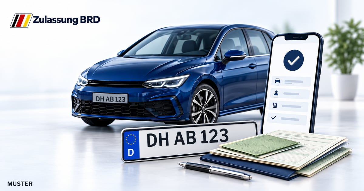 Online Fahrzeugzulassung in Diepholz: Musterkennzeichen DH AB 123, Auto und Fahrzeugpapiere und Smartphone. Illustration mit Logo von Zulassung BRD.